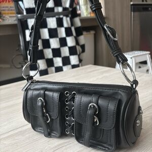 Princess Polly Black Leather Barrel Bag